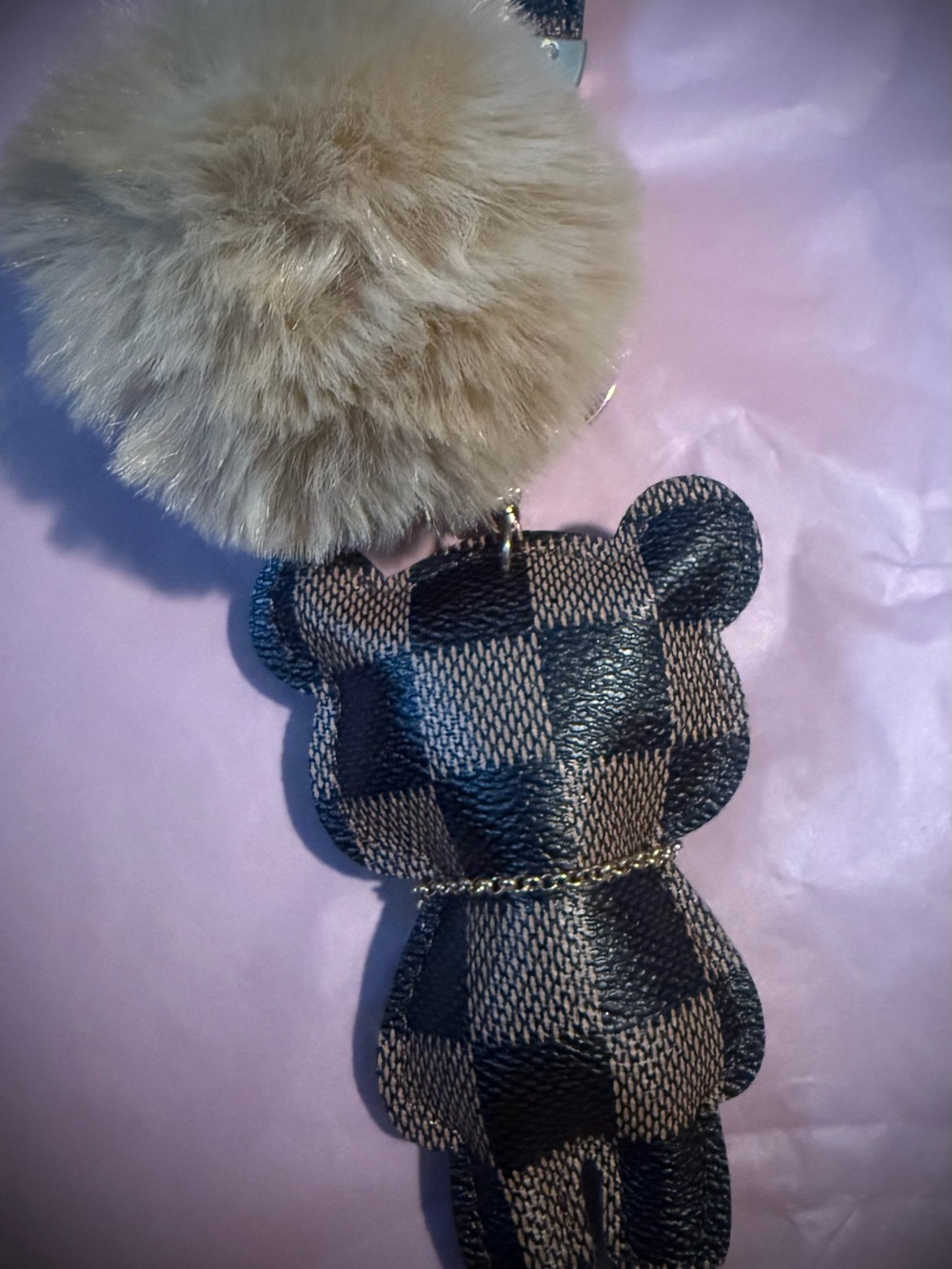 Faux Leather Checkered Bear Pom-Pom Keychain - Picture 4 of 4